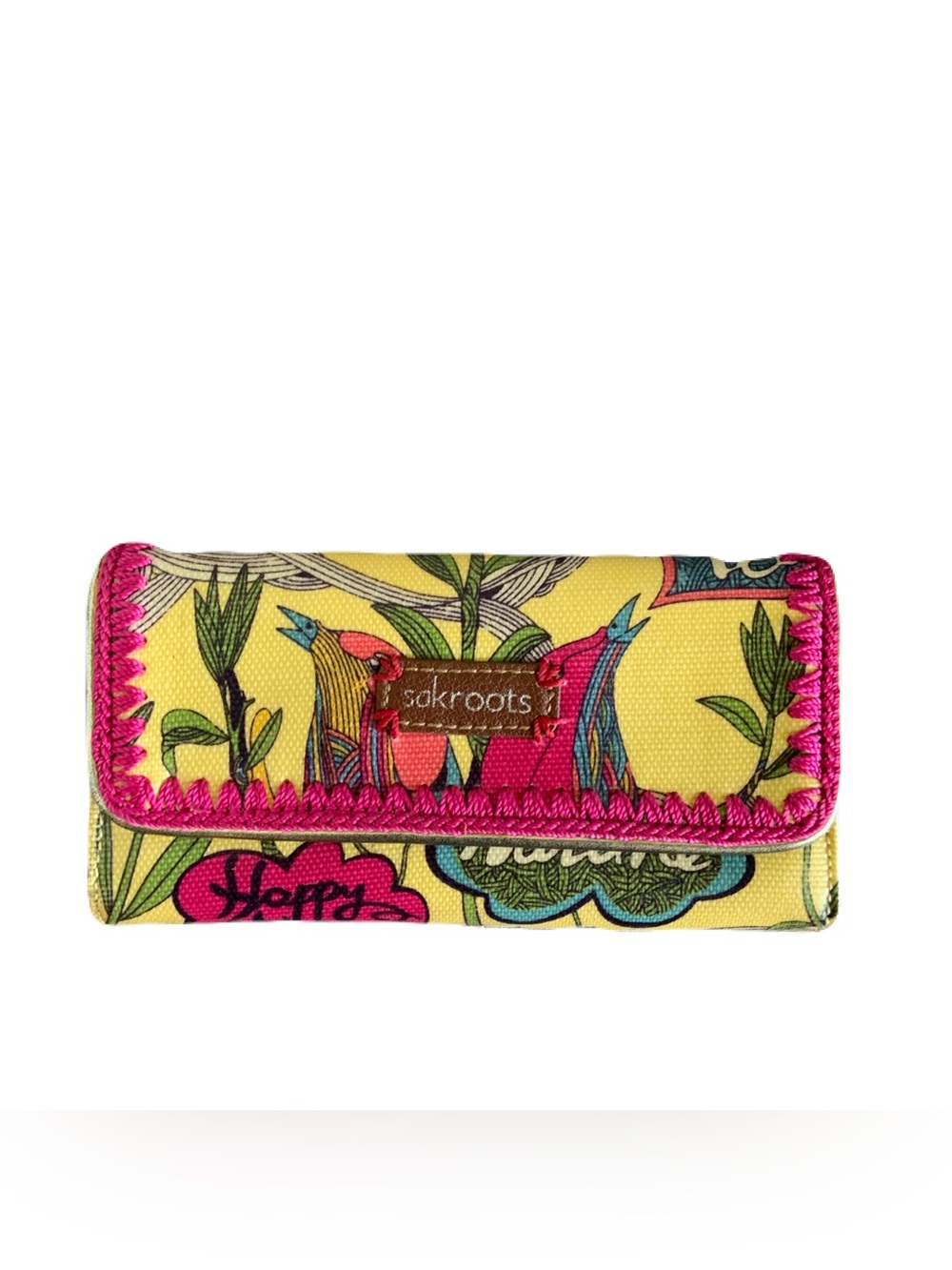 Sakroots Artists Circle Triflod Yellow Floral Bird Clutch with Hot Pink Trim